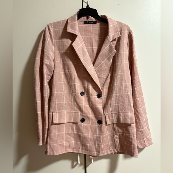 Simple Jackets & Blazers - Simple Women's Blush Plaid Double-Breasted Jacket